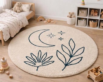 Handgefertigter runder Kinder Wollteppich 6 ft Kinderzimmer Mond & Sterne Teppich, handgetufteter cremefarbener Boho Spielzimmer Teppich