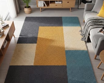 Handgetufteter Geometrischer Wollteppich 200x300, Moderner Color Block Teppich Grau Blau Senf, Handgewebter Teppich für 20x30