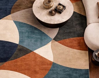 Handgetufteter 8x10 Abstrakter Geometrischer Wollteppich, Multicolor Blauer Rost Beige Moderner Bereich Teppich, Skandinavisches Wohnzimmer Dekor