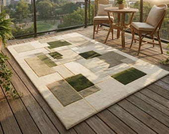Handgetufteter Wollteppich 200x300 Abstrakter Geometrischer Beige Grüner Teppich mit Baumwollrücken Wohnzimmer Schlafzimmer Dekor
