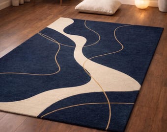 Handgetufteter blauer abstrakter Wollteppich, moderner geometrischer Teppich, cremefarbenes und goldenes Liniendesign, Wohnzimmerdekor