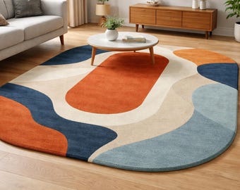 Handgetufteter abstrakter Wollteppich 200x300, moderner beige-orange-blauer Teppich in organischer Form, handgefertigter Teppich für Wohnzimmerdekoration