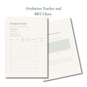 Puede incluir: Dos páginas de color marfil con texto y gráficos. La página superior está etiquetada como "Ovulation Tracker" e incluye una descripción general del ciclo y una tabla para rastrear los días del ciclo, la temperatura basal, el moco cervical, los resultados de las pruebas de LH y los síntomas. La segunda página es una tabla de temperatura corporal.