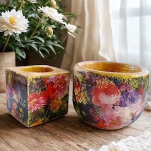 Floral Decoupage Concrete Planters, Gold Accents, Hand-Poured Art Pots