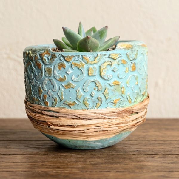 Handmade Concrete Rustic Turquoise Planter:Banana Rope Concrete Decor