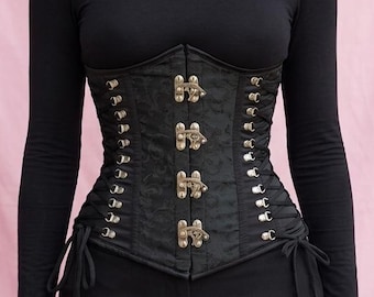 KORSET svart damast med sidosnörning och svängarmsspännen