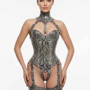 Könnte beinhalten: Ein Korsett mit Schlangenmuster mit hohem Kragen, Halterträgern und Strumpfhaltern. Das grau-schwarze Korsett hat silberfarbene Beschläge und ein strukturiertes Design. Das Kleidungsstück ist ein einzigartiges Dessous-Set.