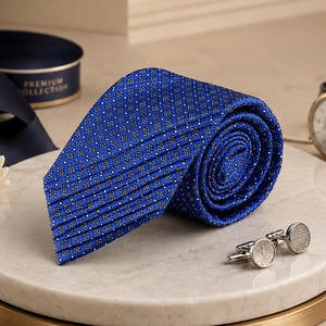Puede incluir: Una corbata azul enrollada con un patrón floral repetitivo en blanco y negro. La corbata se acompaña de un par de gemelos redondos de tono plateado con un diseño de rayos texturizado, una flor blanca y una cinta azul oscuro con texto dorado.