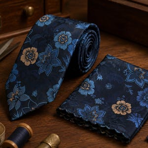 Può includere: Una cravatta blu scuro e una pochette abbinata con un motivo floreale ripetuto in tonalità azzurro e beige. La cravatta è arrotolata nella parte superiore e la pochette presenta un bordo smerlato, entrambi con dettagli tessuti complessi.