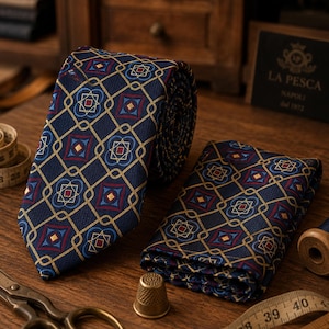 Könnte beinhalten: Eine marineblaue Krawatte und ein passendes Einstecktuch mit einem sich wiederholenden geometrischen Muster aus goldenen ineinandergreifenden Ketten, roten Quadraten und blauen blumenartigen Motiven. Der Stoff hat eine strukturierte Oberfläche.