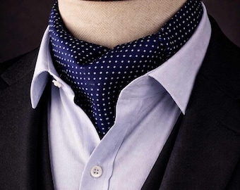 Navy Blue Polka Dot Italian Silk Ascot Cravat, Classic Formal Wedding Tie