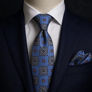 Ensemble cravate médaillon floral bleu, cravate homme de luxe avec pochette de costume, cadeau de mariage élégant