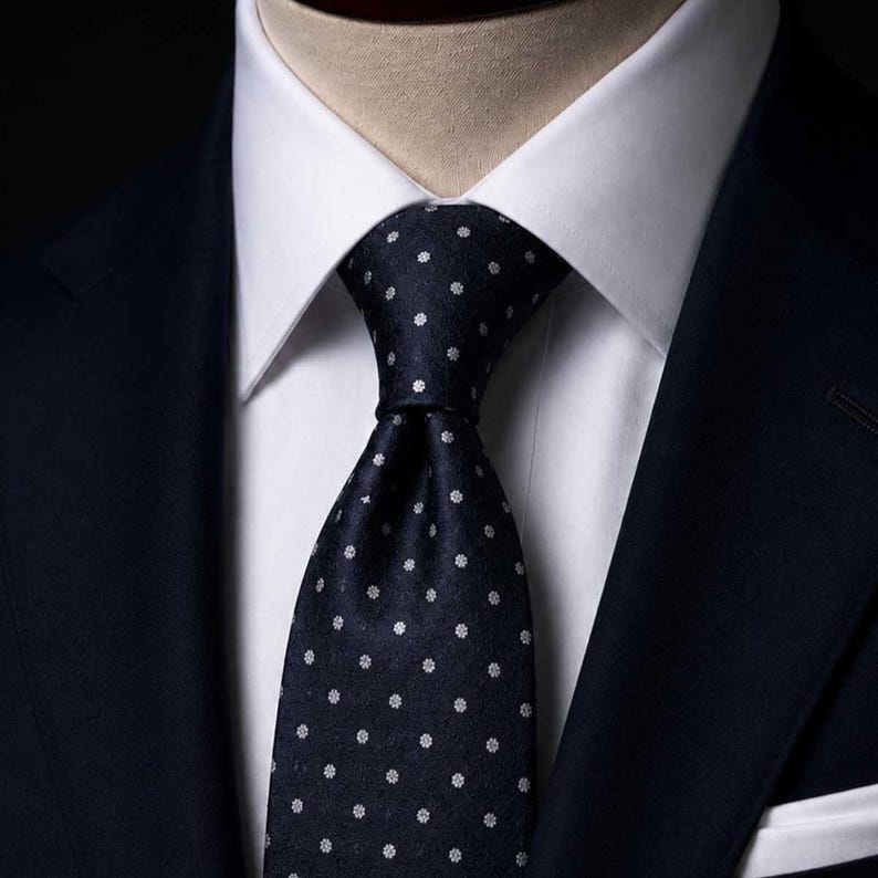Dark Navy Italian Silk Tie, Silver Micro