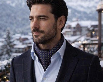 Navy Blue Floral Silk Ascot Cravat, Italian Wedding Neckwear for Men