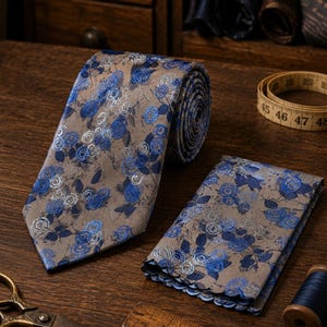 Può includere: Una cravatta color tortora e una pochette abbinata con un motivo ripetuto di rose ricamate blu e bianche. La cravatta è arrotolata nella parte superiore e la pochette presenta un bordo smerlato. Un metro a nastro è visibile sullo sfondo.