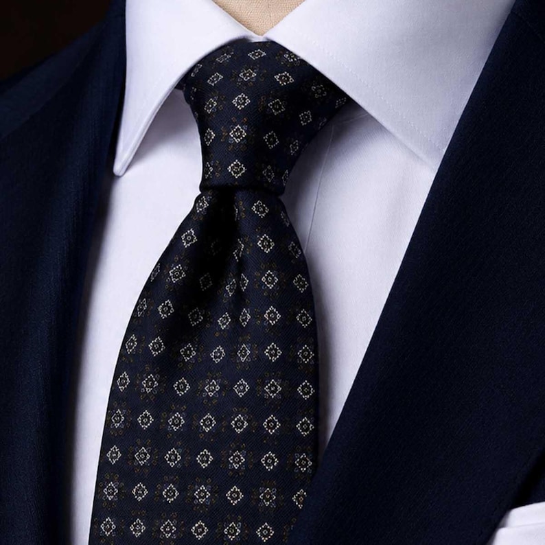 Navy Blue Italian Silk Tie, Micro Motif