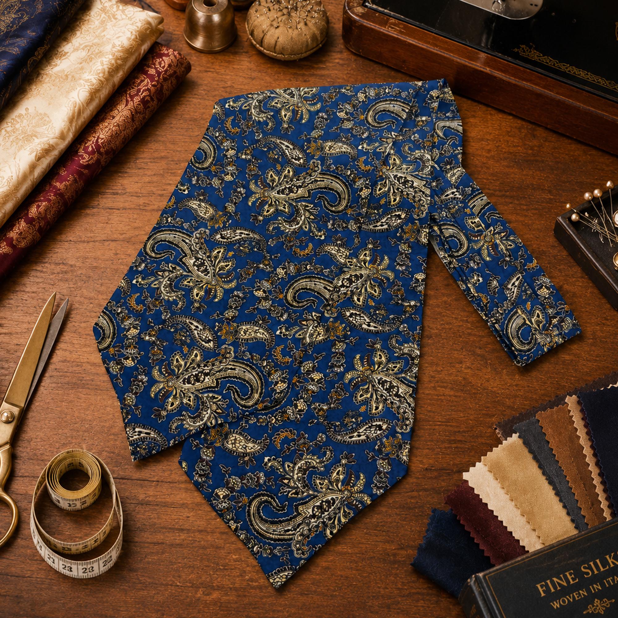 Beige Navy Paisley Ascot, Luxury Silk Cravat, Mens Wedding Tie, Groomsmen Gift