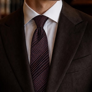 Può includere: Un blazer marrone scuro indossato sopra una camicia bianca con colletto e una cravatta scura. La cravatta presenta un motivo ripetitivo di piccole forme geometriche arancioni su sfondo blu scuro, con una sottile trama a coste diagonali.
