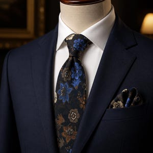 Peut inclure: Une veste de costume bleu marine portée sur une chemise blanche, accompagnée d'une cravate noire à motif floral répétitif dans des tons de bleu, marron et doré, avec une pochette assortie insérée dans la poche de poitrine de la veste.