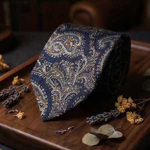 May include: A navy blue tie with a detailed paisley pattern in gold and white. The tie is displayed on a wooden tray, showcasing its intricate design and texture. A classic accessory for formal or business attire.
