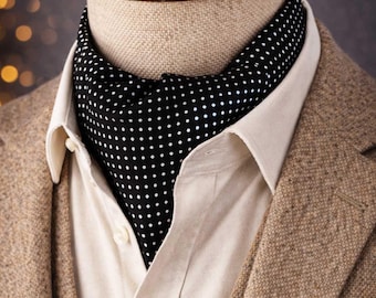 Black Polka Dot Silk Ascot Tie, Italian Formal Neck Scarf, Wedding Tie
