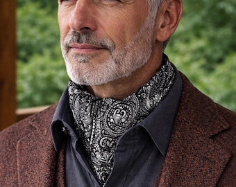 Corbata Ascot de seda color carbón con estampado paisley, bufanda formal italiana para el cuello, accesorio de boda.