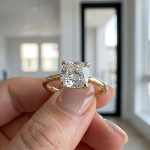 Cushion Lab Grown Diamond Solitaire Engagement Ring in Gold/Platinum/Silver, Classic 4 Prong, Dainty Minimalist Promise Ring, Stackable Gift