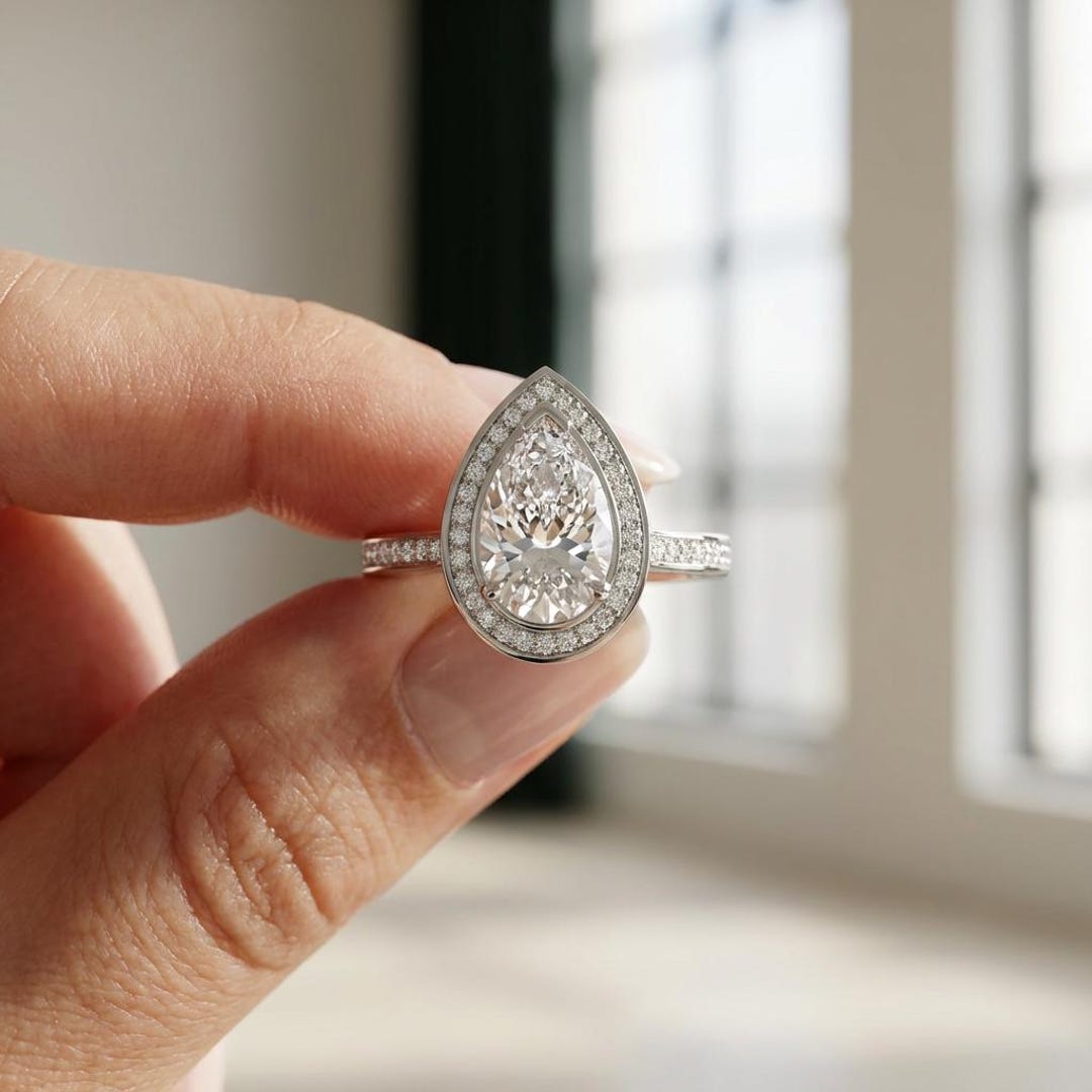 Lab Grown Diamond Pear Engagement Ring Halo Teardrop Diamond Ring Art ...