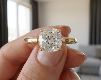 Anillo solitario de diamante cultivado en laboratorio, talla cojín, anillo de compromiso minimalista, delicado y clásico, joyería de promesa de boda, regalo para ella.