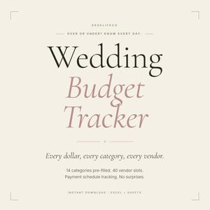 May include: A digital wedding budget tracker with the text "Wedding Budget Tracker" in a stylish font. The image includes the text "Every dollar, every category, every vendor" and "14 categories pre-filled. 40 vendor slots. Payment schedule tracking. No surprises."