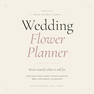 May include: A cream-colored graphic with the text "Wedding Flower Planner" in black and mauve. The text "Know exactly what to ask for" is below the title. Additional text includes "Vision board. Stem counter. 4-florist comparison. Walk in with answers, not questions."