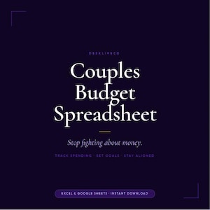 Op de afbeelding: Een donkerpaarse afbeelding met de tekst "Couples Budget Spreadsheet" in het wit. De tekst "Stop fighting about money" staat onder de titel. De onderkant van de afbeelding zegt "Excel & Google Sheets - Instant Download".