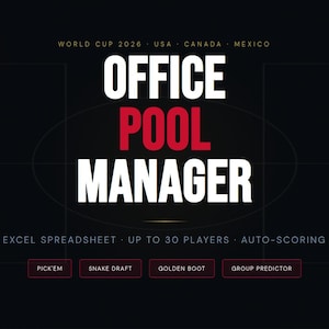 Può includere: Grafica per il download digitale di Office Pool Manager, un foglio di calcolo Excel per la Coppa del Mondo 2026. Il design presenta uno sfondo nero con testo bianco e rosso e include opzioni per Pick'em, Snake Draft e Golden Boot.