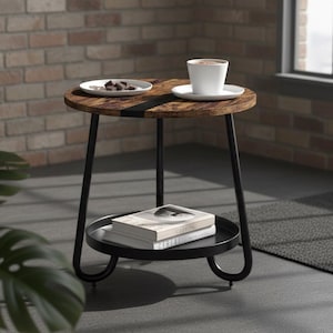 May include: A small, round side table with a dark wood grain top and black metal legs. The table has a lower shelf and is topped with a white cup and saucer, and a small plate with dark chocolates. The table is 20 inches in diameter.