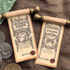 May include: Two parchment scrolls with wooden handles and metallic gold ends. One scroll is titled Swashbuckler Diploma with a sword graphic, the other is titled Gunslinger Diploma with a crossed pistol graphic. Both feature small red circular seals.