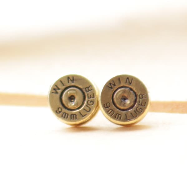 9mm LUGER Brass Bullet Stud Earrings, Everyday Jewelry, Unique, Gun, Ammo