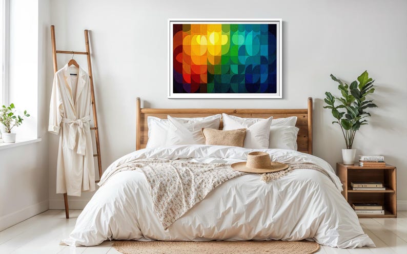 May include: A bedroom scene featuring a wooden bed frame with white bedding, a beige throw, and a straw hat. A colorful abstract art piece hangs above the bed. A wooden ladder with a robe and a side table with a plant complete the decor.