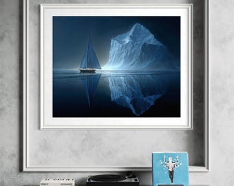 Iceberg Ocean Sailboat Print, Moody Arctic Seascape Wall Art