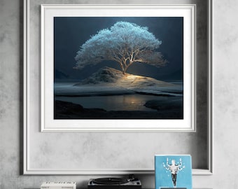 Mystical Tree Wall Art, Dreamy Blue Night Landscape Print, Ethereal Nature Canvas