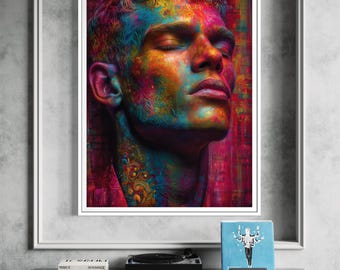 Rainbow Portrait Print, Neon Face Photography, Modern Queer Art Poster
