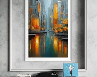 Abstract Cityscape Print – Blue, Orange, Gold Reflections, Urban Wall Art