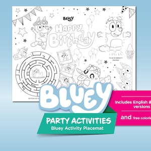 Puede incluir: Un mantel individual de actividades de Bluey en blanco y negro con el texto "Happy Birthday". El mantel individual incluye un laberinto, conecta los puntos y otras actividades para colorear. También incluye versiones en inglés y español y páginas para colorear gratis.