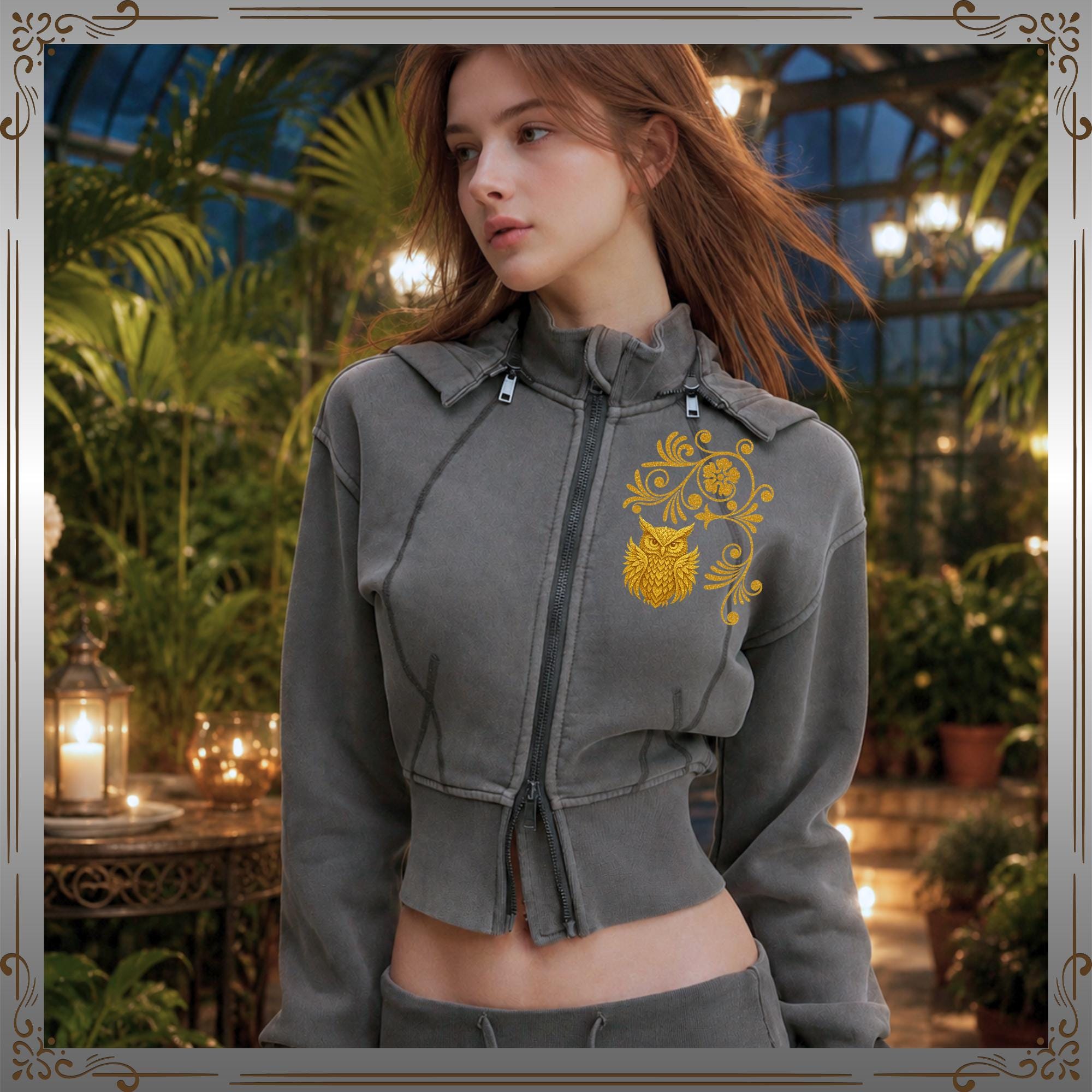 Owl Spirit Vintage Washed Cropped Zip Hoodie | Symbol of Wisdom & Intuition | Boho Owl Zip Hoodi