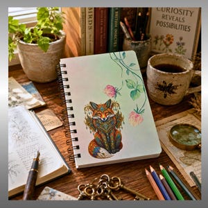 May include: A spiral-bound notebook featuring a detailed illustration of a fox with intricate, ornate patterns in shades of orange, blue, and gold. The cover includes a delicate watercolor vine with pink clover flowers against a soft green background.