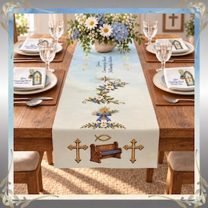 May include: A long rectangular table runner featuring a light blue and cream gradient background with floral arrangements, wheat stalks, a blue ribbon, two gold crosses, a wooden church pew, and a fish symbol, with text reading Grace Community Church Fellowship Kitchen.