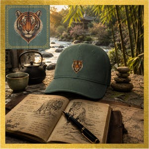 Peut inclure: Une casquette de baseball vert sauge avec une tête de tigre brodée sur le panneau avant. La casquette présente une calotte structurée, une visière incurvée et un bouton assorti sur le dessus. Le motif est centré sur l'avant, avec des détails en fils orange, noirs et blancs représentant les traits du visage et les rayures du tigre.
