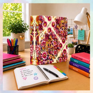 May include: A three-ring binder with a vibrant floral pattern in shades of pink, orange, and yellow, featuring the text 'Austin High', '2026-2027', and 'Jennifer Friend'. An open spiral notebook with handwritten goals and a black pen sit in front.