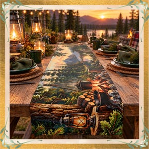 May include: A long rectangular table runner featuring a printed forest scene with a campfire, cooking pots, and a lantern on a log. The runner is placed on a wooden table set with green mugs, plates, and metal lanterns in a mountain setting.