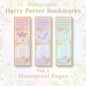 May include: Holographic Harry Potter bookmarks featuring quotes and imagery from the series. The bookmarks are Vol. 1 from Moonpetal Pages. Each bookmark has a different design and quote from the books.