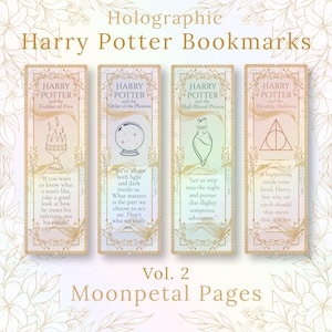 May include: Holographic Harry Potter bookmarks featuring quotes and imagery from the series. Each bookmark displays a different book title: "Goblet of Fire", "Order of the Phoenix", "Half-Blood Prince", and "Deathly Hallows". The design includes gold and cream colors.